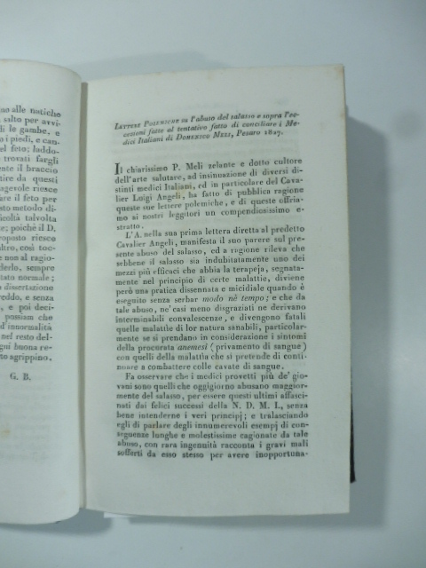 Lettere polemiche su l'abuso del salasso e sopra l'eccezioni fatte al tentativo fato di conciliare i medici italiani di D. Meli. Pesaro. 1827 (Stralcio da: Nuovo giornale de' letterati. N. 34. 1827)